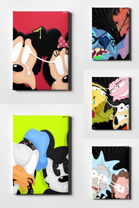 Duo Canvas Painting Ideas, Duo Painting Ideas, Disney Canvas Paintings, Cartoon Paintings, Childhood Cartoons, Disney Canvas Art, Trippy Painting, Hippie Painting, Pop Art Canvas