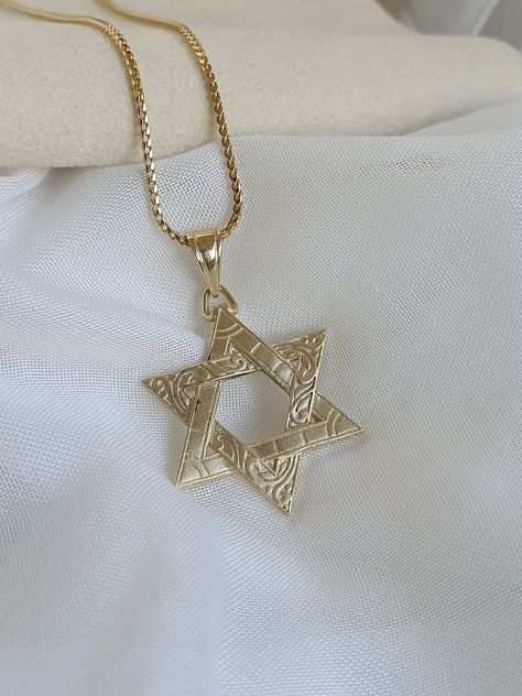 14k Gold Star of David Pendant, Jewish Jewelry,  Bar mitzvah gift, Unique Jewish pendant, necklace pendant, solid gold pendant 14K yellow gold Star of David pendant in a unique design, that combines several textures in one piece of jewelry, and creates a beautiful pendant that everyone will want to wear at the next event.   Choose to purchase the pendant independently or complete the look with a matching 14k yellow/white/rose gold chain in lengths of 45 or 50 centimeters. Whichever option you se Magen David Necklace, Jewelry Bar, Star Of David Necklace, Jewish Jewelry, Star Of David Pendant, Rose Gold Chain, Star Of David, Gold Star, Bar Mitzvah