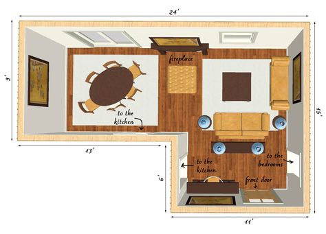 Floor plan for an awkward L-shaped living room L Shaped Living Room Layout, Living Room Layout Ideas, L Shaped Living Room, Living Room Design Layout, Room Layout Ideas, Furniture Placement Living Room, Rectangular Living Rooms, Long Living Room, Living Room Layout