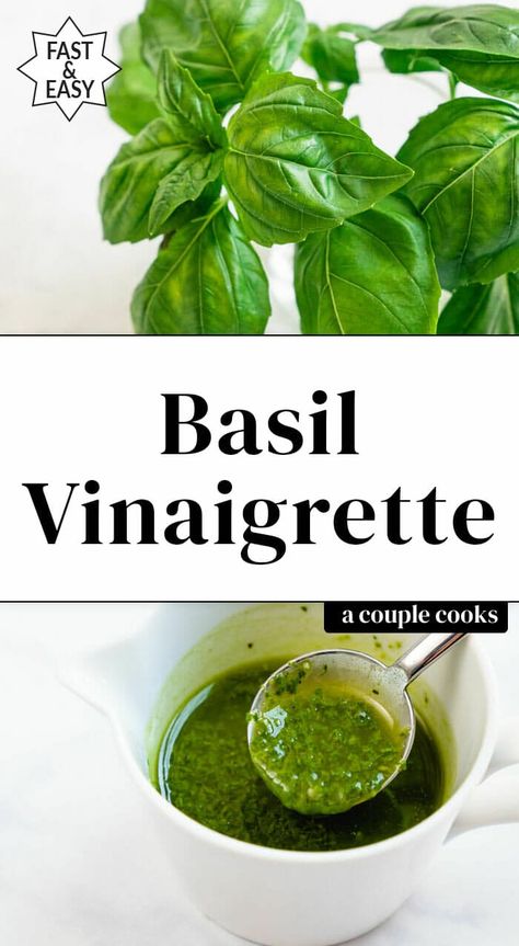 This basil vinaigrette brings fresh flavor to everything it touches! It's an ideal way to use this herb: drizzle on seafood or salads. #basilvinaigrette #basildressing #basilrecipes Basil Vinegar Dressing, Basil Vinegar, Lemon Basil Vinaigrette, Dairy Free Dressing, Fresh Basil Recipes, Tomato Basil Salad, Salad Dressing Recipes Healthy, Basil Vinaigrette, Basil Recipes