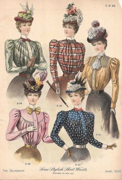 1898 June shirtwaists as seen in The Delineator | Sleeve Shifts of the 1890s 1890 Fashion, 1899 Fashion, 1900 Fashion, 1890s Fashion, 1900s Fashion, Victorian Hats, 1800s Fashion, Victorian Costume, 19th Century Fashion