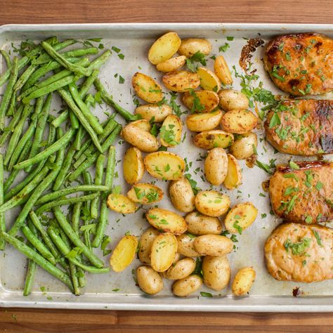 Ranch Pork Chop Sheet Pan Supper by Ree Drummond Pork Chop Sheet Pan, Sheet Pan Suppers Recipes, Sheet Pan Supper, Pan Pork Chops, Potatoes And Green Beans, Ranch Pork Chops, Pork Chops And Potatoes, Sheet Pan Suppers, Steak Fajitas