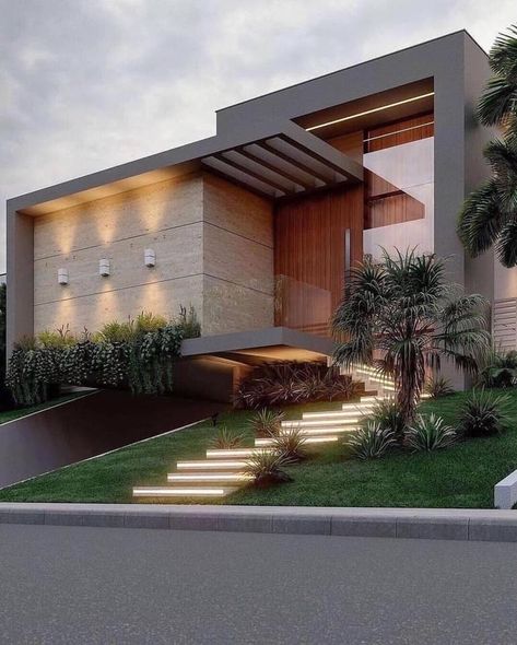 Entrance Design, House With Stairs, House Front Design, Modern Exterior House, Luxury Homes Dream Houses, Modern House Facades, Modern Houses, Modern Exterior House Designs, House Architecture Design