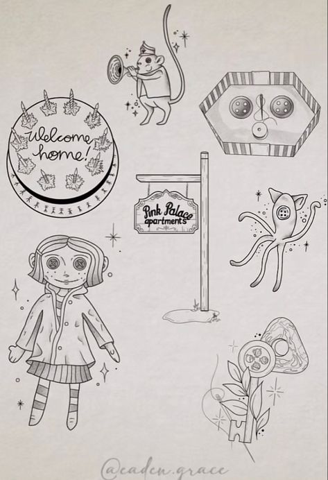 Fine Line Coraline Tattoo, Mr Bobinsky Tattoo, Coraline Flash Sheet, Dainty Coraline Tattoo, Coraline Fine Line Tattoo, Coraline Quote Tattoo, Coraline Cake Tattoo, Coraline Squid Tattoo, Coraline Mouse Tattoo