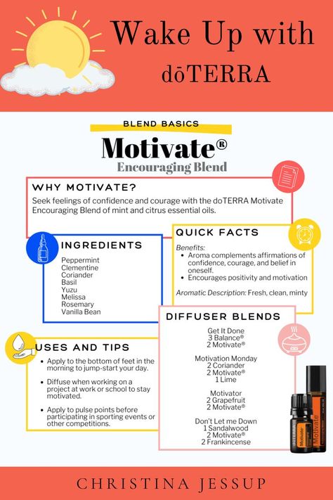 For those mornings when you wake up on the wrong side of the bed, choose to diffuse doTERRA Motivate® Encouraging Blend. These oils have the ability of providing you with feelings of confidence and a go-get-’em attitude. #doterra #motivation Doterra Motivate, Essential Oils Doterra, Doterra Blends, Doterra Diffuser, Doterra Diffuser Blends, Citrus Essential Oil, Boost Your Energy, Doterra Essential Oils, Diffuser Blends