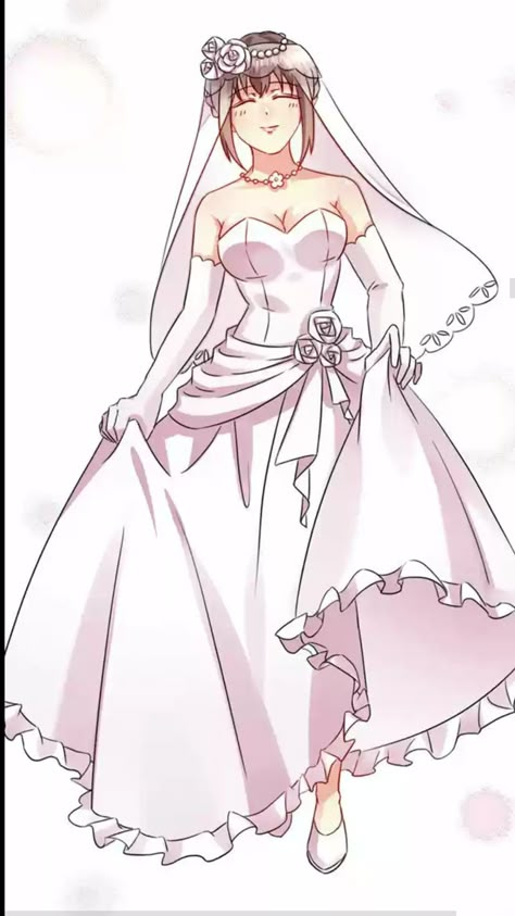 Anime Wedding Dress Art, Anime Wedding Dress Drawing, Anime Bride Dresses, Anime Wedding Dress, Anime Bride, Fancy Outfit Ideas, Wedding Dress Drawings, Happy Anime, Outfit Ideas For Characters