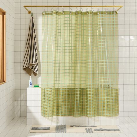 Sun Shower in Olive 2x2 front view of curtain hanging in a bathroom. Canvas Curtains, Green Grid, Mirror With Hooks, Occasional Seating, Lighting Gifts, Green Curtains, Floor Table, Grid Style, Wall Accessories