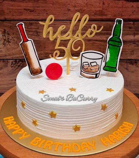 Cricket lover whiskey lover cake with hand painted 2d fondant toppers Birthday Cake For Cricket Lover, Cricket Lover Cake, Cake Without Fondant, Cakes Without Fondant, Cricket Cake, Lover Cake, Donut Ideas, Cricket Lover, Cake Style