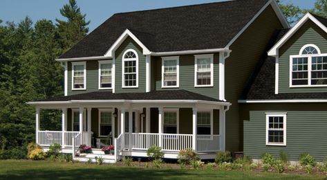 Charter Oak Reinforced Premium Vinyl Siding - Alside Green Vinyl Siding House, House Vinyl Siding Colors, Alside Siding, Green Vinyl Siding, Vertical Vinyl Siding, Vinyl Siding House, Siding House, Vinyl Soffit, Siding Colors For Houses