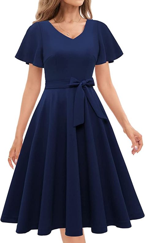 Wedding Guest Fit And Flare Dress, Modest Dance Dresses, Fit And Flare Dress Formal, Formal Dress With Sleeves, Dresses For Women Wedding, Navy Homecoming Dress, Modest Homecoming Dresses, Cocktail Dresses For Women, Wedding Outfits For Women