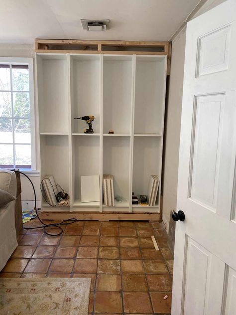 Awesome DIY Ikea Billy Bookcase Hack Built in with Oxberg Glass Doors in 8 Steps - Lehman Lane Billy Oxberg Kitchen, Home Library Wall, Billy Bookcase With Doors, Hemnes Bookcase, Small Home Library, Billy Hack, Ikea Billy Hack, Ikea Hack Storage, Billy Oxberg