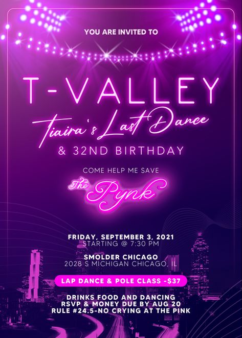 P Valley Party Theme Outfit, P Valley Birthday Party Theme, 20th Birthday Party Themes Ideas, P Valley Themed Birthday Party, P Valley Themed Party, Pole Party Ideas Birthdays, P Valley Party Theme, P Valley, 2000s Theme Party Invitation