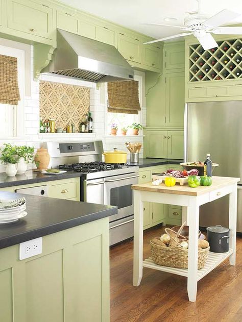 101243962-jpg-rendition-largest Soft Green Kitchen, Light Green Kitchen, Green Kitchen Designs, Sage Green Kitchen, Black Granite Countertops, Rustic Kitchen Cabinets, Brooklyn Brownstone, Green Ideas, Green Kitchen Cabinets