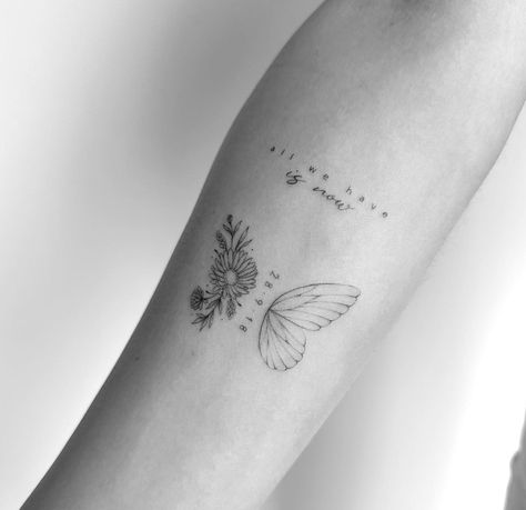 Butterfly Meaningful Tattoo, Fine Line Memorial Tattoo Ideas, Meaningful Fine Line Tattoos, Tattoo Papillon, Boys Tattoo, Wrist Tattoos Words, Butterfly With Flowers Tattoo, Bali Tattoo, Small Pretty Tattoos