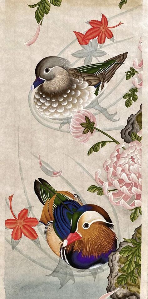 Japanese Duck Tattoo, Mandarin Ducks Wallpaper For Love, Mandarin Duck Painting, Mandarin Duck Tattoo, Mandarin Duck Illustration, Chinese Birds, Mandarin Ducks, Duck Tattoos, Duck Illustration