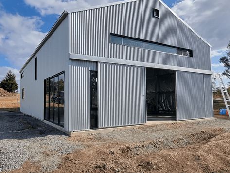 Solar Shed - Recent Work Portfolio Industrial Shed Design Exterior, Industrial Warehouse Home, Barn Gym, Metal Sliding Door, Solar Shed, Industrial Sheds, Farm Shed, Warehouse Home, Shed Home