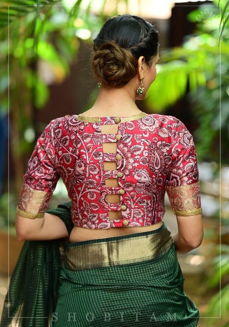 Shobitam Sarees | Buy Indian Ethnic Fashion Sarees Online Front And Back Blouse Designs Latest, Kalamkari Blouse Designs, Kalamkari Digital Print, Kalamkari Prints, Raw Silk Blouse, Kalamkari Blouse, Short Sleeved Blouse, Banarsi Saree, New Saree Blouse Designs