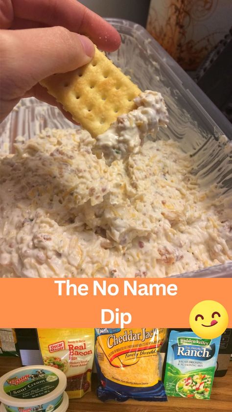 Discover the ultimate crowd-pleaser with our No Name Dip recipe! Made with sour cream, real bacon bits, shredded cheese, and a dry ranch packet, this easy-to-make dip is perfect for any occasion. Whether you're hosting a party or simply looking for a delicious snack, this flavorful dip is sure to impress. Whip up a batch today and watch it disappear in no time! Dips With Ranch Packet, Dips Without Mayonnaise, Bbq Chip Dip, Cheap Chip Dip, Meat Dips Recipes, Dip For Club Crackers, Loaded Ranch Dip, Easy Pool Side Dips, Diy Dips Recipes