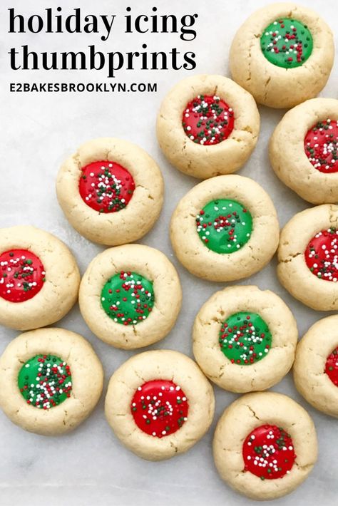 Holiday Icing Thumbprints – e2 bakes brooklyn Iced Thumbprint Cookies, Popular Holiday Desserts, Thumbprint Cookies Christmas, Thumbprint Cookies With Icing, Classic Christmas Cookies, Holiday Recipies, Thanksgiving Desserts Kids, Christmas Cookie Recipes Holiday, Thumbprint Cookies Recipe