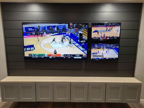 Basement Multiple Tv Wall, Game Room Tv Wall Ideas, Man Cave Tv Wall, Basement Room Ideas, Basement Tv Rooms, Basement Movie Room, Basement Room, Basement Ideas For Kids, Basement Ideas Small