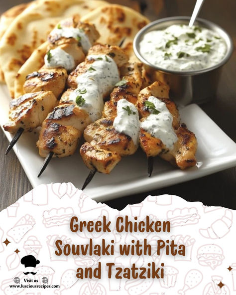 Make authentic Greek Chicken Souvlaki with Pita and Tzatziki at home – juicy marinated chicken, creamy sauce, and fresh veggies in warm pita. A healthy, flavorful delight. Authentic Greek Chicken, Quick Supper Ideas, Greek Chicken Souvlaki, Chicken Pita, Chicken Souvlaki, Hearty Dinner, Greek Chicken, Delicious Dinner Recipes, Marinated Chicken