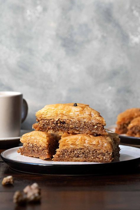 Easy Greek Baklava Recipe with Walnuts and Honey - The Hungry Bites Walnut Baklava Recipe, Greek Baklava Recipe, Easy Baklava Recipe, Galaktoboureko Recipe, Orange Syrup Cake, Baklava Recipe Easy, Homemade Baklava, Greek Baklava, Turkish Baklava