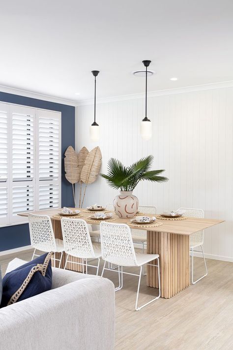 Dining - Liana 27 - Brighton Homes Vj Panelling, Dining Room Feature Wall, Blue And White Dining Room, Brighton Homes, Blue Feature Wall, Dining Table Blue, Timber Dining Table, White Shutters, Brighton Houses