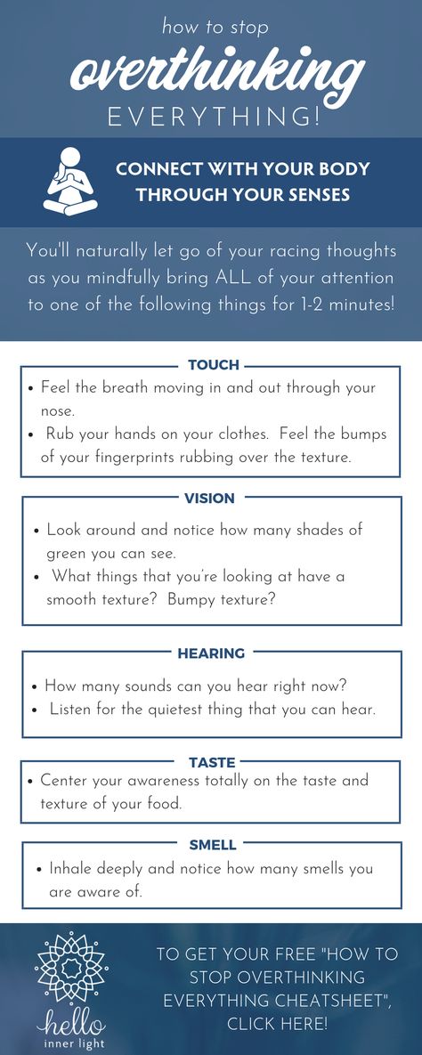 how to stop overthinking everything | learn to quiet your mind with this quick and easy mindfulness technique! We all know how uncomfortable it is to constantly overthink everything! From our minds spinning with stories that we’ve replayed thousands of times to difficulty making even simple decisions … overthinking depletes us and holds us back in so many ways! Click here now to learn how to stop overthinking everything! #mindfulness #mindful#spiritual #sensitivesoul | hello inner light How To Free Your Mind, Techniques To Stop Overthinking, Tips To Stop Overthinking, Tips For Overthinking, How To Stop Overthinking Tips, Ways To Stop Overthinking, How To Quiet Your Mind, Spiritual Infographic, How To Not Overthink