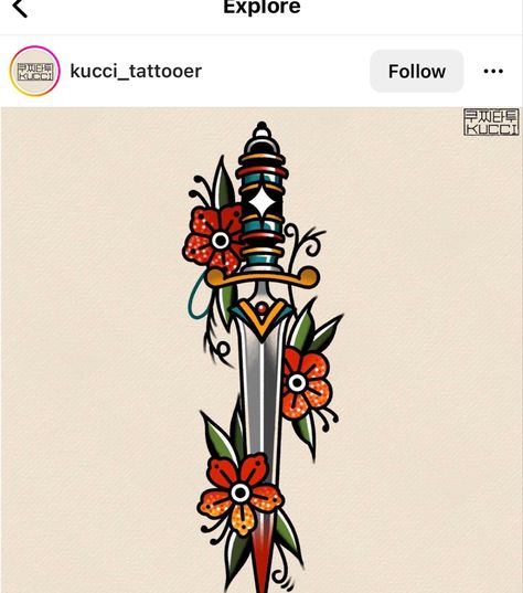 Paintbrush Tattoo Traditional, Three Of Swords Tattoo Traditional, American Traditional Knife Tattoo, Girly Dagger Tattoo, Loki Dagger Tattoo, Oldschool Tattoo Traditional Colour, Traditional Tattoo Knife, American Traditional Knife, Neo Traditional Dagger Tattoo