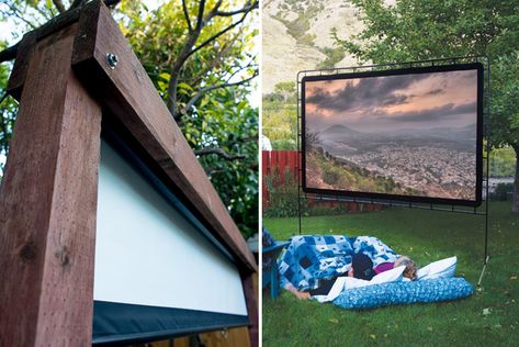 There are several options for screens. We built a hideaway for our $100 pull-down screen. Other portable options are readily available. The screen on right is from Camp Chef at $200. You could also project onto the side of your house for $0.00! Outdoor Movie Theater, How To Garden, Camp Chef, Super Bowl Party, Outdoor Movie, Dream Backyard, Superbowl Party, See The World, Outdoor Oasis