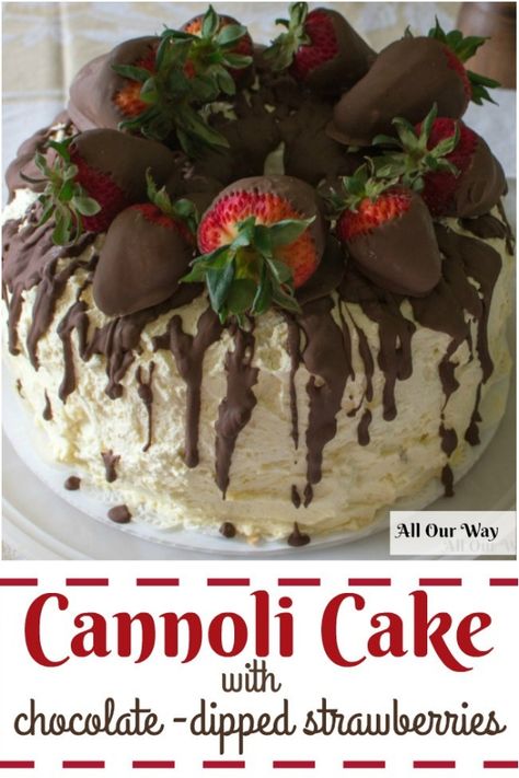 Cannoli cake is inspired from its Sicilian namesake. Rich sweetened ricotta with chocolate shapes fills the 3 layers and whipped cream frosts the dessert. #cannoli_cake, #Sicilian_dessert, #Italian_dessert, #cannoli, #special_dessert, #allourway Sicilian Cake, Dessert Cannoli, Dessert Italian, Dessert With Chocolate, Strawberries Recipes, Pepperoni Dip, Glazed Cake, Cannoli Cake, Cake With Whipped Cream