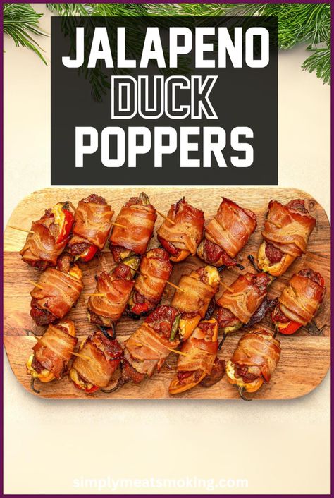 Enjoy a gourmet twist on a classic favorite with smoked duck jalapeno poppers. This recipe uses tender duck and fresh jalapenos, wrapped in crispy bacon and smoked to perfection. Whether you're preparing these for a special occasion or a casual gathering, this duck poppers recipe is sure to be a hit. With a rich, smoky flavor and a spicy kick, these poppers are a standout choice for any event. Save the recipe for later. Duck Jalapeno Poppers, Duck Poppers, Jalapenos Wrapped In Bacon, Bacon Appetizers Easy, Bacon Appetizer, Bbq Snacks, Duck Breast Recipe, Smoked Duck, Bacon Crisps