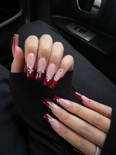 Red Long Acrylic Nails With Rhinestones, Red Charm Nails, Nails Bday, Red French Tips, Gold Gel Nails, Nyc Nails, Red Acrylic Nails, Red French, Cute Acrylic Nail Designs