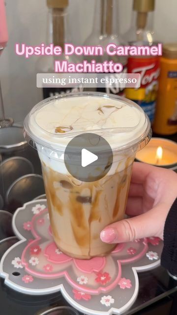 Brookelyn ☕️✨🌸 on Instagram: "Upside Down Caramel Macchiato with extra Caramel ✨  orrrr a caramel latte with extra caramel!  This drink is for my peeps who looovveeee caramel macchiatos, but want to have more of a caramel taste in their lattes!  Make sure to follow me on here and TikTok for more coffee recipes and content @brookelynlikesespresso (can we get my TikTok to 10k followers?!?! I’d love to be able to use playlists 💗✨)  Recipe:  ✨ 1-2 tbsp caramel I’m using @kyyachocolate salted caramel sauce (CODE BROOKELYNKYYA10 ✨ 2 tsp instant espresso + 4 tbsp water @cafebustelo  ✨ orrr you can use 2 shots of espresso with your machine ✨ 1/2 cup of milk ✨ ice ✨ caramel drizzle Vanilla sweet cream cold foam  💗 3 tbsp heavy whipping cream 💗 2 tbsp milk 💗 1 tbsp (2 pumps) @kyyachocolate vani How To Make A Iced Caramel Macchiato, How To Make Iced Caramel Macchiato, Carmel Machiatto Iced Coffee, Mcdonald’s Caramel Iced Coffee Recipe, Caramel Machiatto Iced, Instant Coffee Recipes, Nescafe Instant Coffee, Caramel Macchiato Recipe, Ice Caramel Macchiato