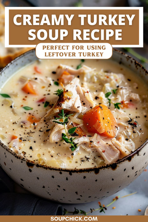 Creamy Turkey Soup Recipe Turkey Bisque Soup, Bariatric Cream Soup Recipes, Creamy Turkey Soup Recipes, Turkey Soup Recipes Crockpot, Cream Of Turkey Soup Recipe, Turkey Soup Recipes Homemade, Crockpot Turkey Soup, Turkey Soup Leftover, Turkey Soup From Carcass Recipes