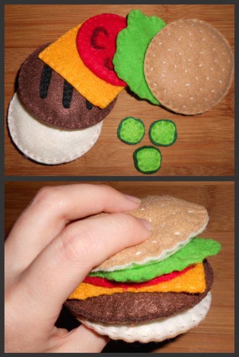 Felt Burger Pattern, Felt Hamburger Pattern Free, Felt Food Toys, Felt Kids Crafts, Felt Burger, Diy Felt Food, Felt Toys Diy, Felt Food Diy, Felt Food Patterns