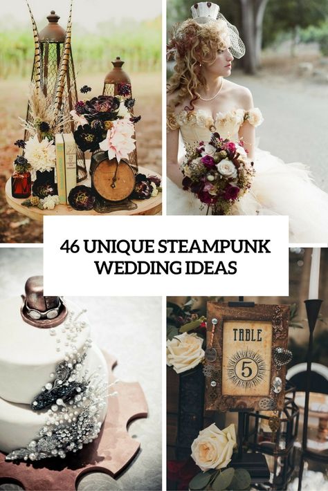 unique steampunk wedding ideas cover Steampunk Wedding Ideas, Steampunk Wedding Decorations, Steam Punk Wedding, Wedding Table Decorations Candles, Victorian Steampunk Wedding, Rustic Victorian, Original Wedding Ideas, Alternative Wedding Venue, Punk Wedding