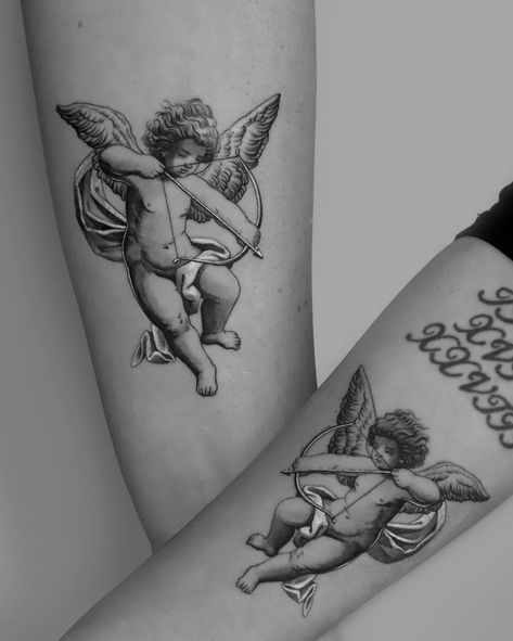 Cherub Tattoo Designs, Grandfather Tattoo, Angel Sleeve Tattoo, Angel Back Tattoo, Angel Tattoo For Women, Angle Tattoo, Cupid Tattoo, Cherub Tattoo, Statue Tattoo