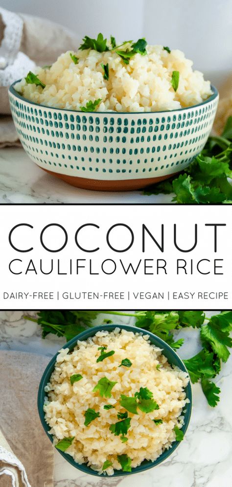 Coconut cauliflower rice is a simple, delicious side that will become a versatile, healthy dinner recipe staple! | #glutenfree #dairyfree #healthydinnerrecipe #cauliflowerrice #vegan #healthyrecipe | nutritiontofit.com Coconut Cauliflower Rice, Coconut Cauliflower, Cauliflower Side Dish, Healthy Dinner Recipe, Cauliflower Rice Recipes, Diet Healthy, Atkins Diet, Paleo Dinner, Tikka Masala