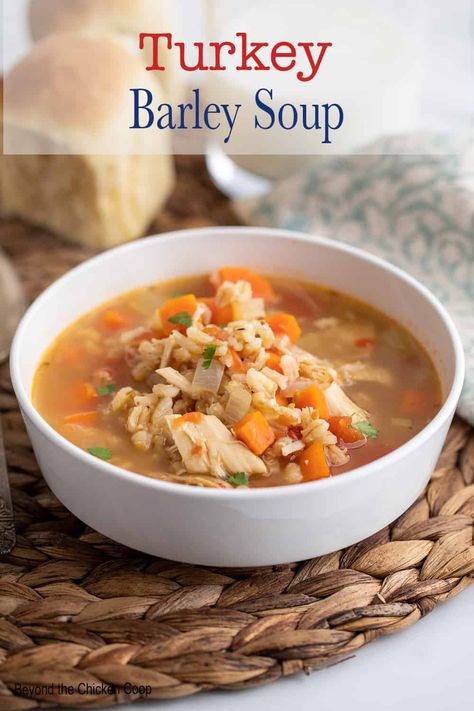 Turkey Barley Soup Chicken Barley Soup Crockpot, Turkey And Barley Soup, Crockpot Chicken Barley Soup, Chicken Mushroom Barley Soup, Fresh Parsley Recipes, Turkey Barley Soup, Parsley Recipes, Holiday Turkey, Pearl Barley