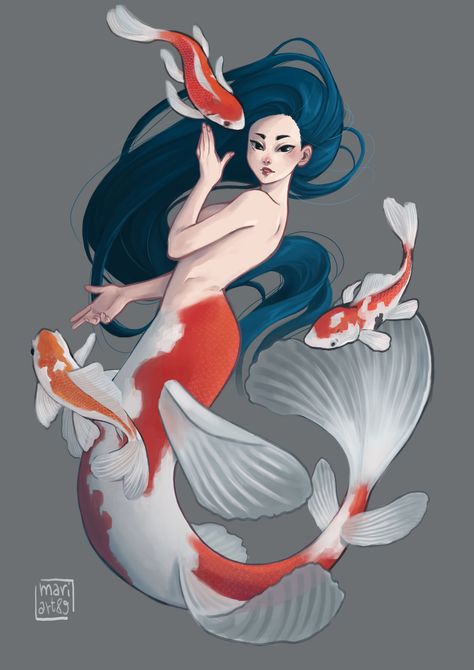 Marica Maringolo - Koi Mermaid Koi Mermaid, Underwater Drawing, Mermaid Underwater, Fish Mermaid, Pirate Art, Mermaid Drawings, Mermaid Art, Drawing Challenge, Koi Fish