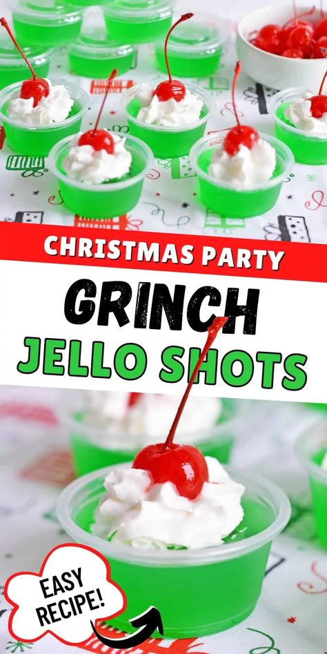 Grinch Jello Shots Recipe, Moonshine Jello Shots Recipes, Holiday Jello Shots Christmas, Christmas Jello Shots Alcoholic, Christmas Jell-o Shots, Christmas Party Snacks For Adults, Christmas Drinks For Adults, Jell-o Shots, Christmas Alcoholic Drinks Recipes