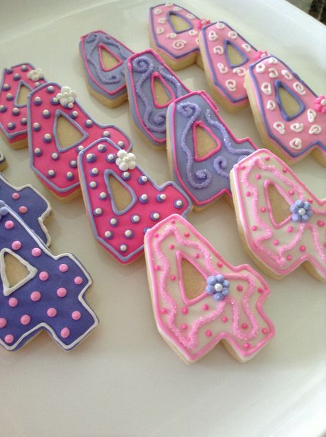 Princess number cookies Number 4 Cookie Cake, Number Cookies, Princess Cookies, Cookies Decorated, Birthday Numbers, Number 4, Business Idea, Birthday Cookies, Cookie Cake