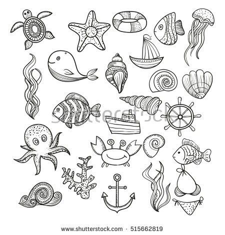 Doodle Art Marine Life, Sea World Drawing, Underwater Doodles, Underwater Sketch, Seaside Illustration, Under The Sea Drawings, Ocean Bed, Sea Life Tattoos, Theme Drawing