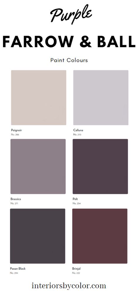 Farrow & Ball Purple Paint Colours - Interiors By Color Plum Living Room Ideas Colour Palettes, Deep Purple Dining Room, Farrow Ball Brinjal, Farrow And Ball Purple Paint Colors, Brinjal Farrow And Ball Bedroom, Purple Taupe Paint Colors, Amethyst Paint Color, Dusty Purple Walls, Dark Plum Bathroom