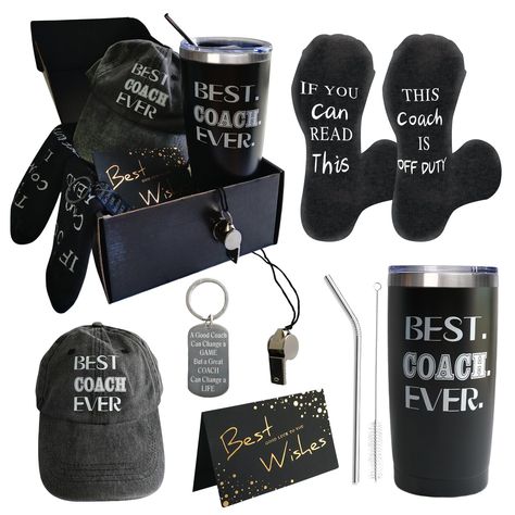 PRICES MAY VARY. What You’ll Get: The coach gifts set contains a nice gift box written as “BEST COACH EVER” and inside the nice coach gift box, 1 insulated tumbler, 1 stylish Keychain, 1 Whistle, 1 Hat,1 pair of Socks, 1 Greeting Card, This coach gift set has everything coach needs to enjoy his life to the fullest, you never have to look around for gift to appreciate your coach, this gift set in enough. Delicate Design: The tumbler and baseball cap is printed with words like BEST COACH EVER, soc Volleyball Coaches Gift Ideas, Cheer Coach Gifts End Of Year, Coaches Gift Ideas, Coach Gift Ideas, Coach Basketball, Coach Soccer, Christmas Thank You Gifts, Coaches Gifts, Volleyball Coach Gifts