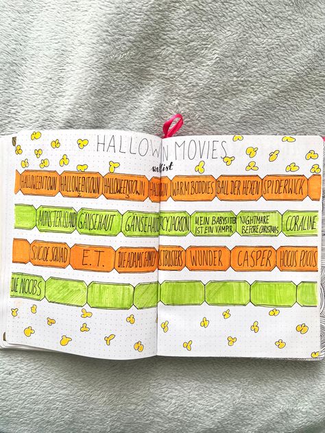 October 2018 Bullet Journal movies watch list page Halloween party Halloween Journal Pages, Movies Watch List, Bullet Journal Halloween, October Movies, October Bullet Journal, Halloween Movies List, October Planner, Bullet Journal October, Movie Tracker