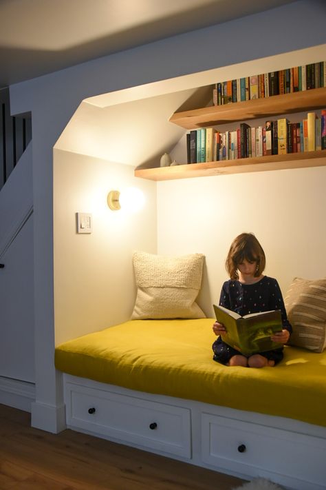 Sofa Nook, Reading Window, Bright Basement, Bed Under Stairs, Family Basement, Basement Transformation, Brick Tudor, Reading Nook Closet, Under Stairs Nook