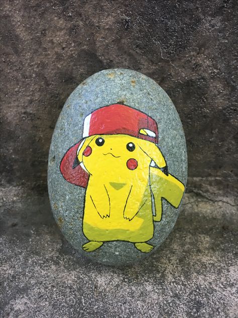 Painted Pikachu rock by Christa Keeler Pikachu Rock Painting, Cashew Crunch, Labrador Silhouette, Happy Stone, Rocks Painting, Penguin Pictures, Doremon Cartoon, Painted Rock Animals, Wooden Christmas Decorations