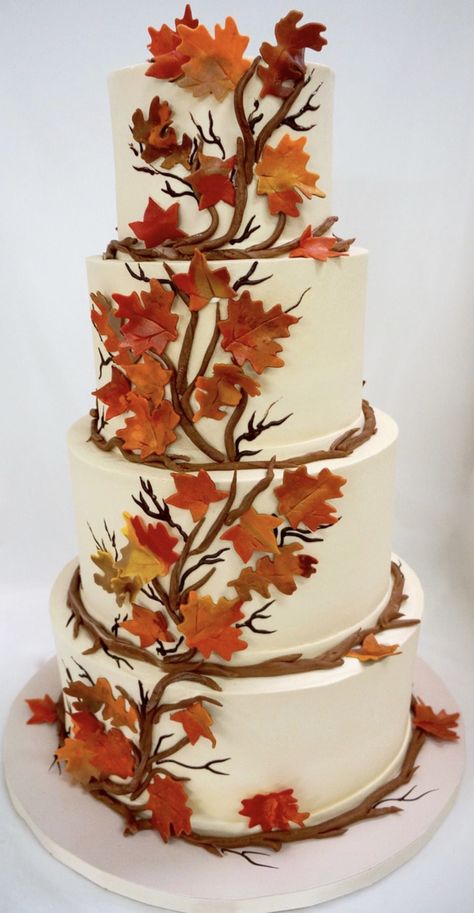 It's a nice day for an autumn wedding. These fall wedding cakes feature warm colors, seasonal flowers, and striking layered designs. #wedding #weddingcake #cakes #fallwedding Fall Leaves Wedding Cake, Beautiful Fall Cakes, Fall Cake Flavors, Fall Cakes Recipes, Autumn Wedding Cake Ideas, Fall Cake Decorating, Wedding Cakes Fall, Fall Cake Decorating Ideas, Fall Cake Ideas